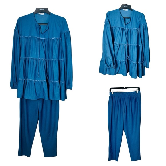 Blue Long Sleeve Ruffle Oversized Tunic Blouse with A marching Crop pants 42 - Picture 1 of 13
